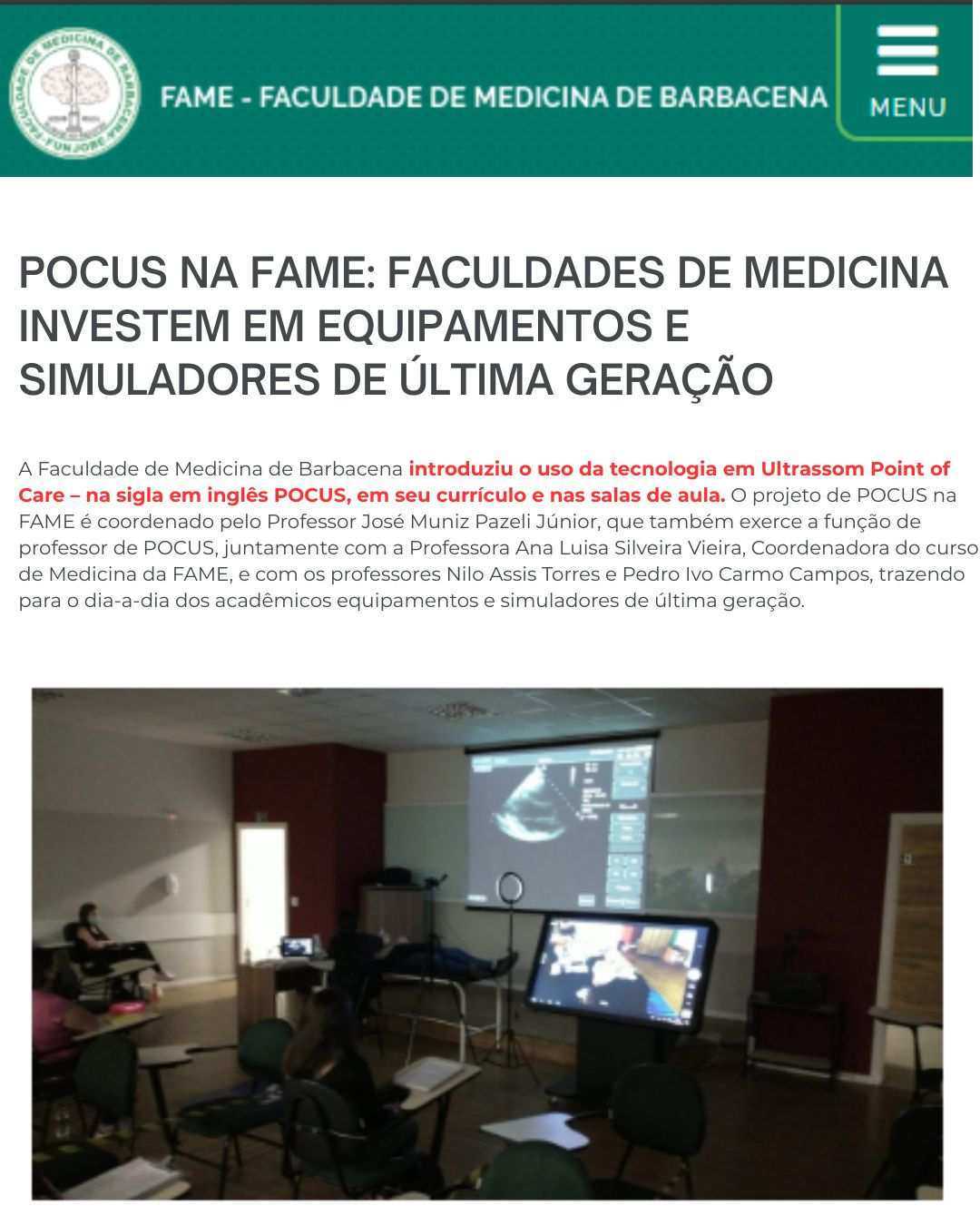 Notícia da Faculdade de Medicina de Barbacena sobre a inclusão do POCUS na formação médica